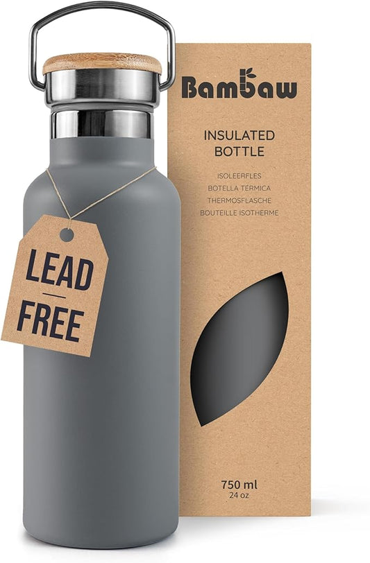 Bambaw Gray Insulated Water Bottle 24oz, Stainless Steel Water Bottle, Travel Water Bottle 24 oz, Metal Water Bottle without Straw, BPA Free Water Bottle Dishwasher Safe – Stormy Gray