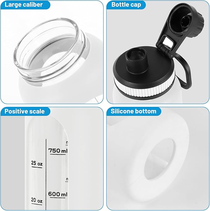 Glass Shaker Bottle 34oz/1L White Glass Protein Shaker Bottle With Shaker Ball Large Shaker Bottles for Protein Mixes Portable Powder Mixer Blender Water Bottle for Gym Workout Sports