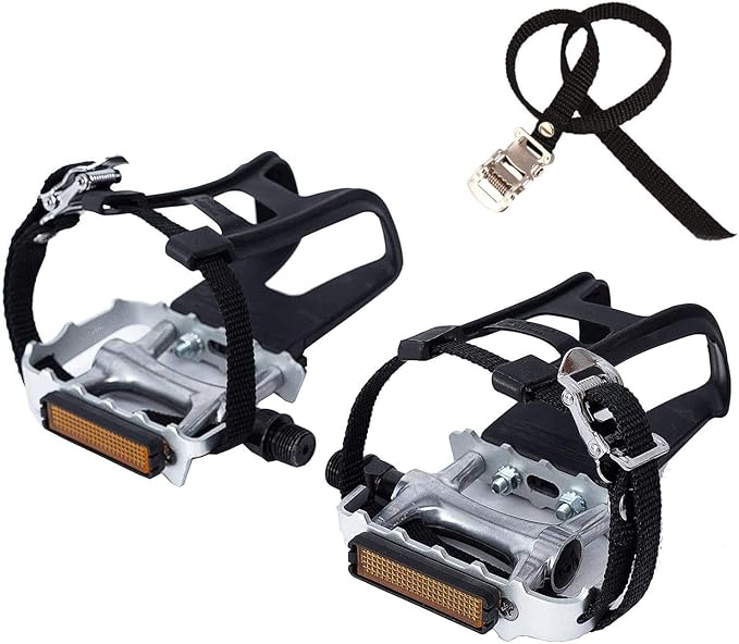 Bike Pedals with Clips and Straps for Outdoor Cycling and Indoor Stationary Bike 9/16-Inch Spindle Resin/Alloy Bicycle Pedals