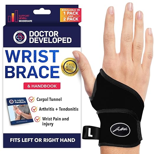 Doctor Developed Wrist Brace, Wrist Wraps for Carpal Tunnel Arthritis, Tendonitis, Hand Support, Ideal for Fitness, Weightlifting - Handbook Included (Large-1 Pack)