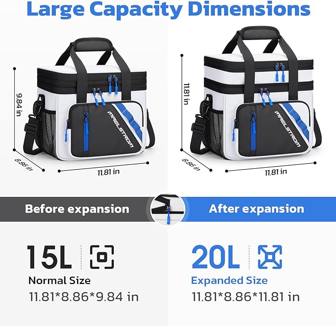 Maelstrom Lunch Box, 20L Insulated Lunch Bag for Men Women, Expandable Double Deck Leakproof Cooler Bag with 6 Pockets, Reusable Lunch Tote Bag for Work, Picnic, Travel, White
