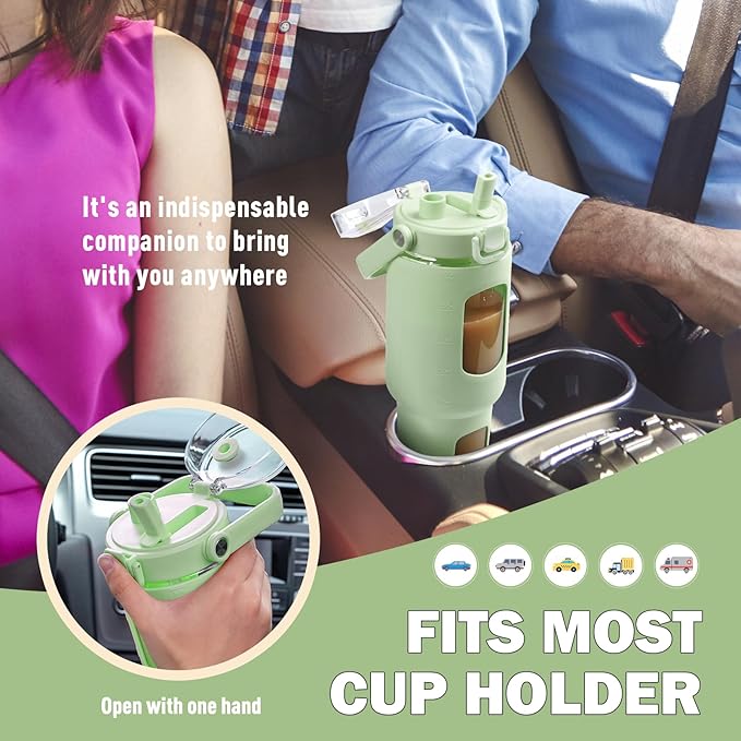 BLUEGO 40 oz Glass Water Bottles with Straw Time Marker, Glass Tumbler with Handle Top Lids, Easy to Clean, Fits in Car Cup Holder, Leakproof Jug for Gym, Sports, Workout & Daily, Green