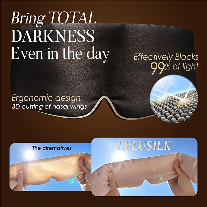 LULUSILK Reversible Mulberry Silk Sleep Mask for Women and Men, Adjustable Real Silk Eye Mask for Sleeping, Black, Pack of 1