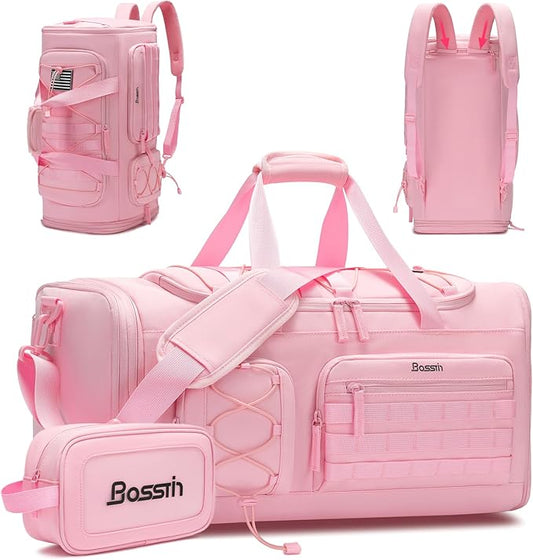 Bosstin Gym Bag for Women & Men,45L Travel Duffle Sports Duffel Bag Gym Weekender Overnight Backpack with Shoe Compartment (3PINK)