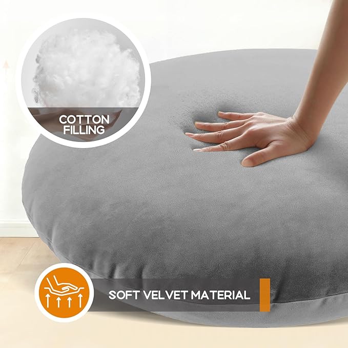 32" Round Floor Pillow with 13" Thick Padding, Velvet Meditation Cushion for Yoga & Lounge Seating, Large Ottoman Replacement Floor Mat for Adults, Decorative Accent Pillow (Grey)