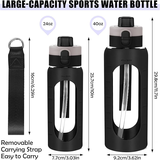 ANOTION 24OZ Glass Water Bottle, Large Sports Water Bottle with Dual-Drink Lid Clear Leakproof Glass Bottles with Straw, Motivational Jug with Silicone Sleeve and Time Marker for Travel Gym-Black