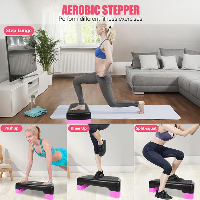 Height-Adjustable 4''-6'' Step Aerobics Platform Fitness Equipment Stepper Trainer Exercise Step Platform with 2 Riser