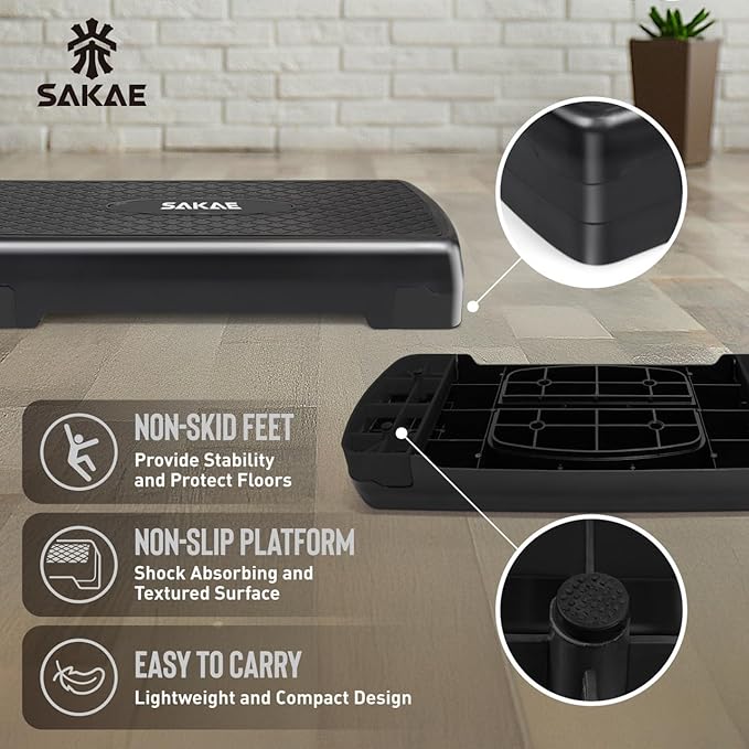 SAKAE Step Aerobics Platform Set with Kettlebell & Measuring Tape, Aerobic Steppers for Exercise at Home, Adjustable Height 2 Level Risers Workout Step Trainer with Non-Slip Surface, Multiple Colors