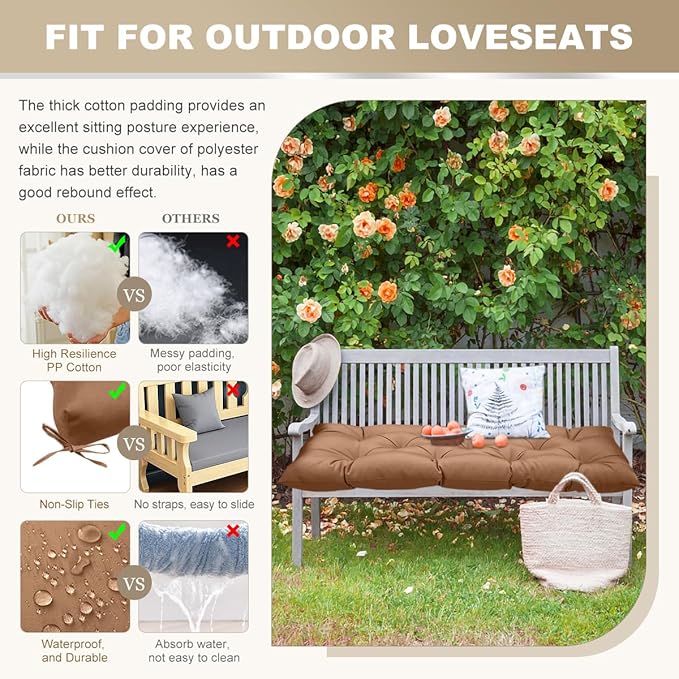 Outdoor Bench Cushion 47inches Waterproof & Fade Resistant Patio Furniture Cushions Tufted Fresh Porch Swing Lounger Loveseat Pads with Straps(Light coffee-47x20in)