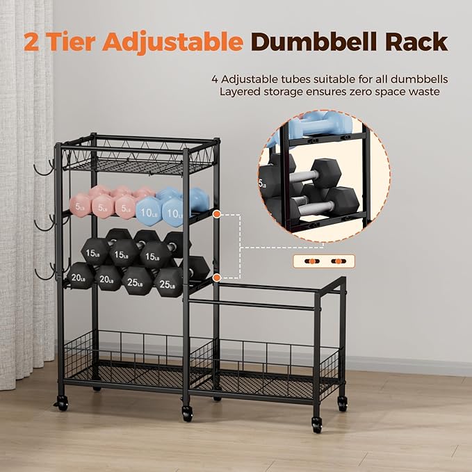 4-Tier Weight Rack Storage for Home Gym, Adjustable Dumbbell Stand Organizer with Wheels, Holds Dumbbells, Kettlebells, Yoga Mats, Fitness Equipment & Workout Accessories