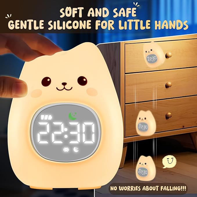 Cat Alarm Clock with Night Light for Kids with Sleep Training and Sound Machine, Rechargeable Silicone Lamp OK to Wake Clock，Cute Animal Tabletop Lamp, Perfect Sleep Companion for Boys Girls
