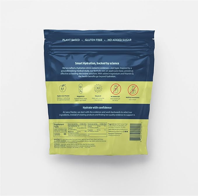 Juice Doctor Hydration Powder Electrolytes, Electrolyte Drink Mix for Dehydration Relief, Apple Juice Powder, Magnesium Citrate, Vitamin D, 1.2lb (560g / 28 Servings)