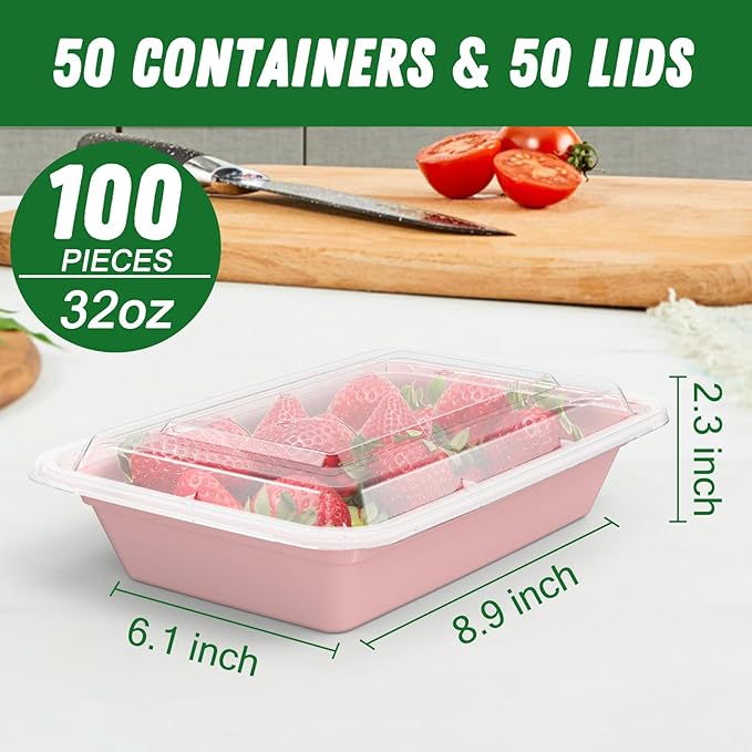 50 Pack (100-Piece) 32 oz Meal Prep Containers Reusable with Easy Open Lids, Sturdy Leakproof Food Safe, Microwave Freezer Dishwasher Safe, To Go Take Out Plastic Food Storage Pans with Lids, Pink