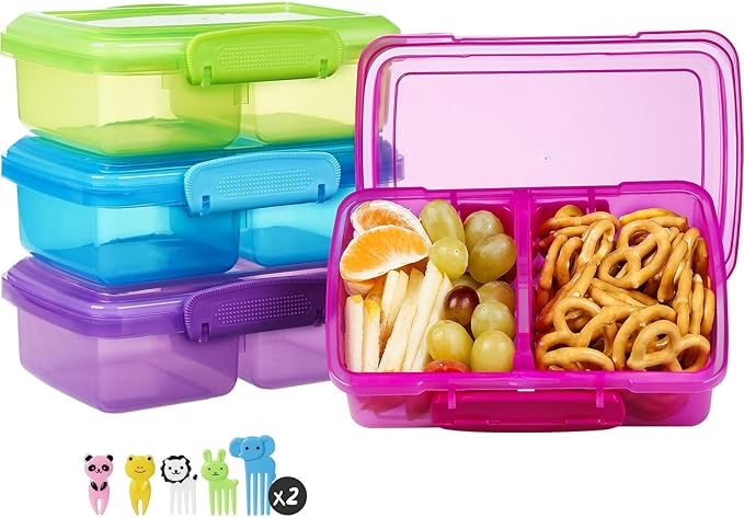 4 Pack Plastic Snack Containers with Lids, 2 Compartment Food Container for Kids Snack Box, Travel Bento Lunch Containers with forks for Fruits/Candies, Divided Food Storage Containers for School