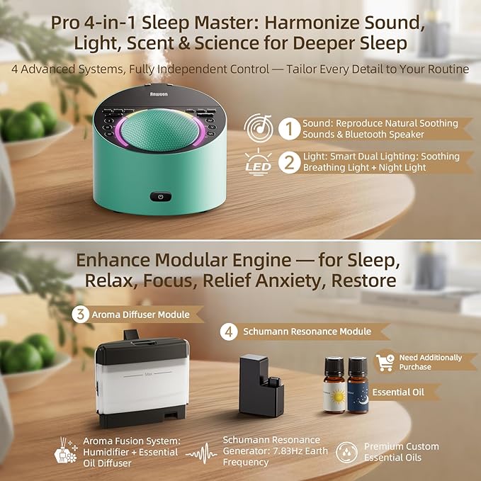 Sound Machine & Aroma Diffuser Pro 4-in-1 Sleep System, Premium Metal Shell with Schumann Resonance &Night Light, White Noise &50+ Natural Sounds -for Sleep, Focus, Relaxation -Adults Kids Baby