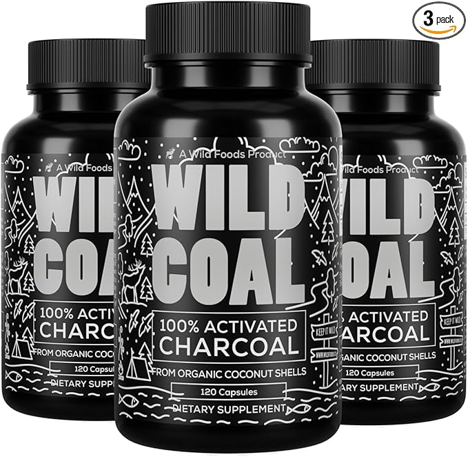 Wild Foods Activated Charcoal Capsules | 100% Organic Coconut Shells Active Tablets | Lab Tested & Non-GMO Detox Pills | USA (Three Bottles - 120 Capsules)