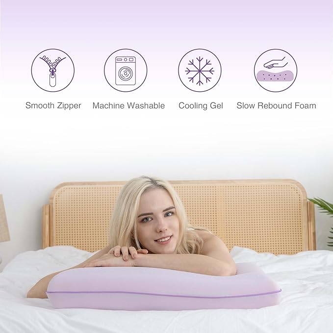 Cooling Pillow for Sleeping, Gel Memory Foam Pillow with Reversible Cover, Neck Support for Side, Back and Stomach Sleepers, Removable & Machine Washable Cover, Bed Pillows for Hot Sleepers, Purple