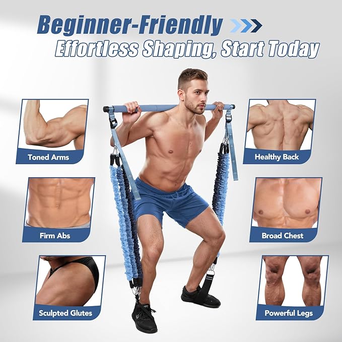 Pilates Equipment Pilates Bar Kit with 6 Fabric Wrapped Resistance Bands 20-180LBS for Women & Men Home Gym Exercise Fitness Full-Body Workouts Multifunctional Yoga Pilates Stick