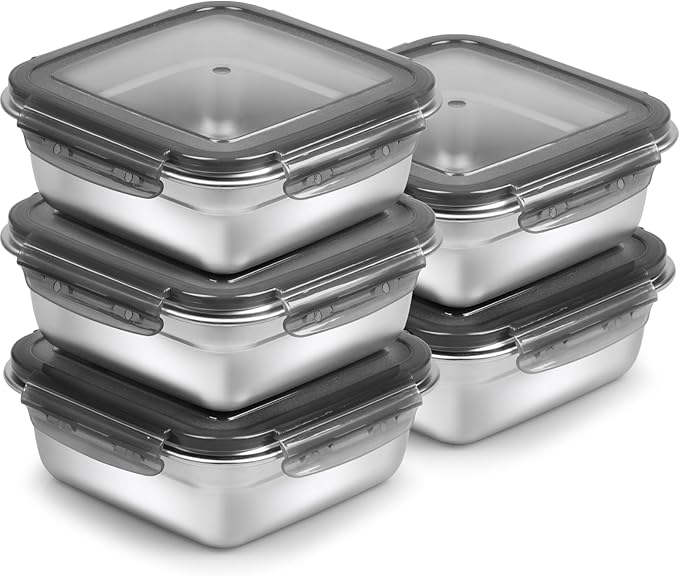 5 Pack Sandwich Containers, 24oz Stainless Steel Sandwich Box with Airtight Lids, Reusable Metal Meal Prep Lunch Boxes, BPA-Free, Dishwasher Safe, Food Storage Containers for Families (Black)