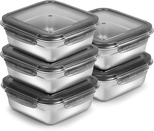 5 Pack Sandwich Containers, 24oz Stainless Steel Sandwich Box with Airtight Lids, Reusable Metal Meal Prep Lunch Boxes, BPA-Free, Dishwasher Safe, Food Storage Containers for Families (Black)