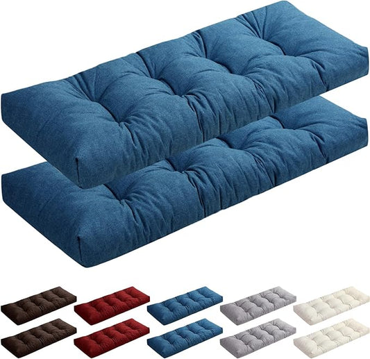 2 Pack Outdoor Bench Cushion Patio Waterproof Porch Swing Cushions Tufted Memory Foam Bench Seat Pads Thicken Non Slip for Outside Indoor Garden Furniture Wicker Loveseat Settee(Blue,42x16 Inch)