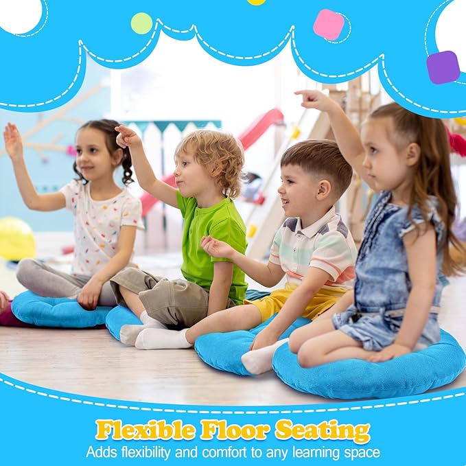 Fumete 8 Pcs 16 Inch Round Floor Cushions for Kids and Toddlers, Flexible Seating Classroom Furniture Floor Pillow for Home, Daycare, Preschool, Yoga and Meditation (Ice Blue)
