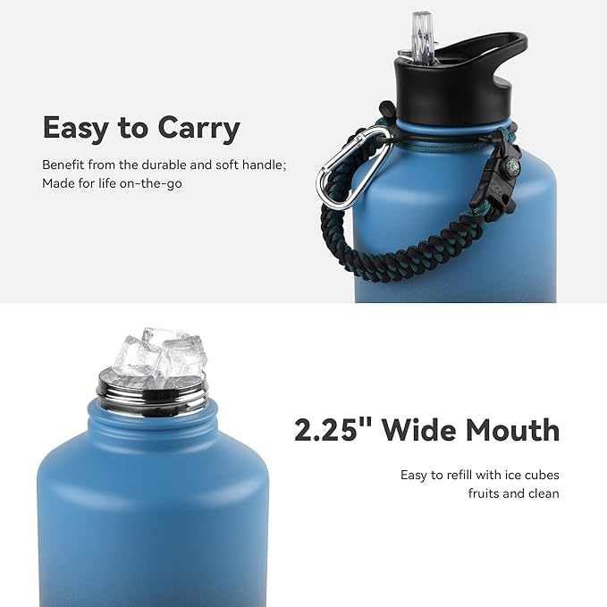 64 oz Insulated Water Bottle with Straw & Spout Lids, Stainless Steel Metal Half Gallon Water Jug with Paracord Handle, Double Wall Vacuum, Leakproof, Keep Drinks Cold & Hot, Blue Black Gradient