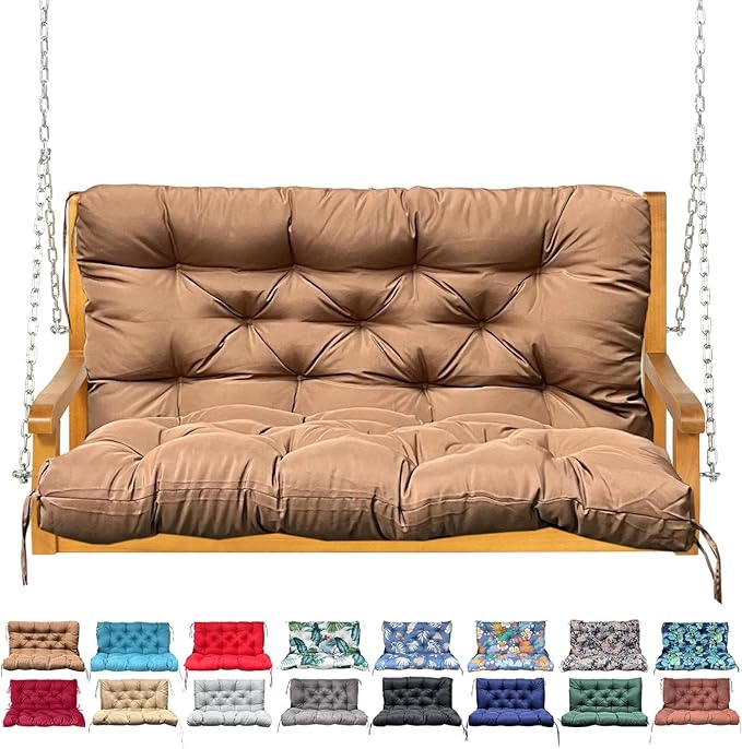 Porch Swing Cushion with Backrest,Waterproof Bench Cushion for Outdoor Furniture,2-3 Seater Replacement Thickened swing cushion with Ties,Patio,Outdoor,Backyard and Garden (Light Coffee,60x40")
