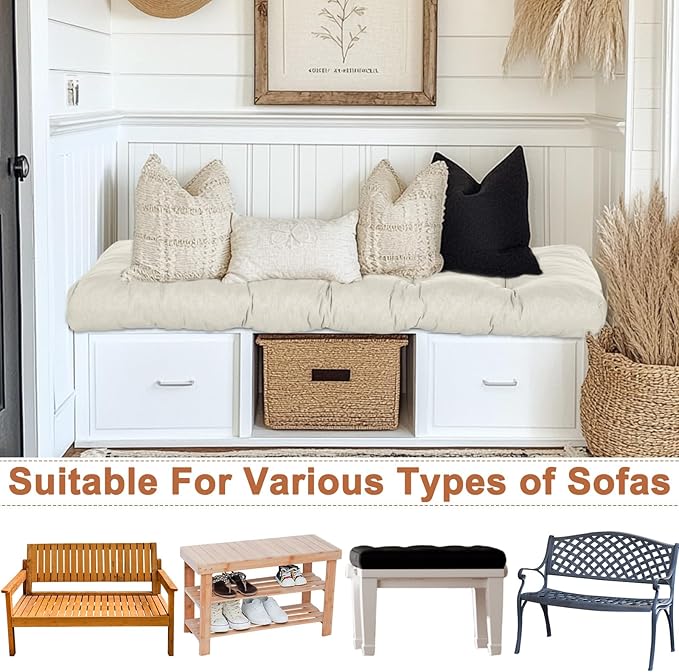 2 Pack Outdoor Bench Cushion Patio Waterproof Porch Swing Cushions Tufted Memory Foam Bench Seat Pads Thicken Non Slip for Outside Indoor Garden Furniture Wicker Loveseat Settee(Beige,42x16 Inch)