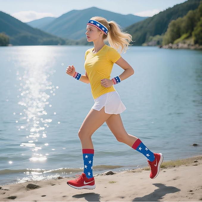 ONUPGO 5 Pieces Sweatbands Striped Socks Set Sports Headband Wristbands High Tube Socks 80s Accessories Costumes