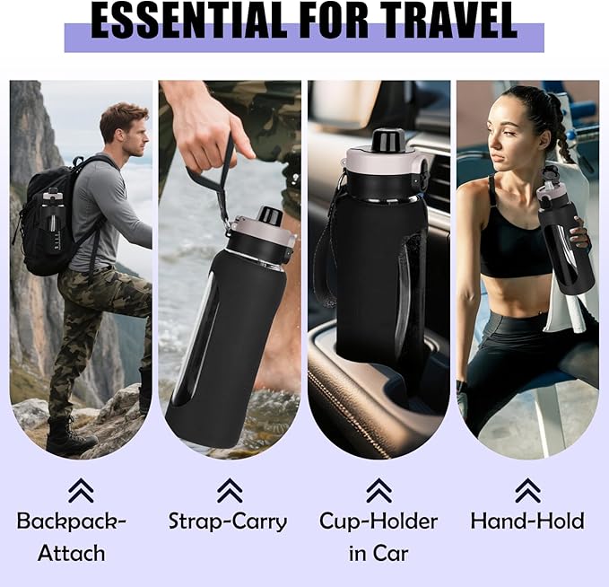 ANOTION 40OZ Glass Water Bottle, Large Sports Water Bottle with Dual-Drink Lid Clear Leakproof Glass Bottles with Straw, Motivational Jug with Silicone Sleeve and Time Marker for Travel Gym-Black