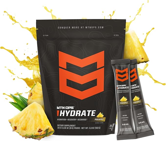 MTN OPS Hydrate Electrolytes Powder Drink Mix, 20 Single Serving On-The-Go Electrolyte Packs with Over 1000mg of Electrolytes per Serving, Pineapple