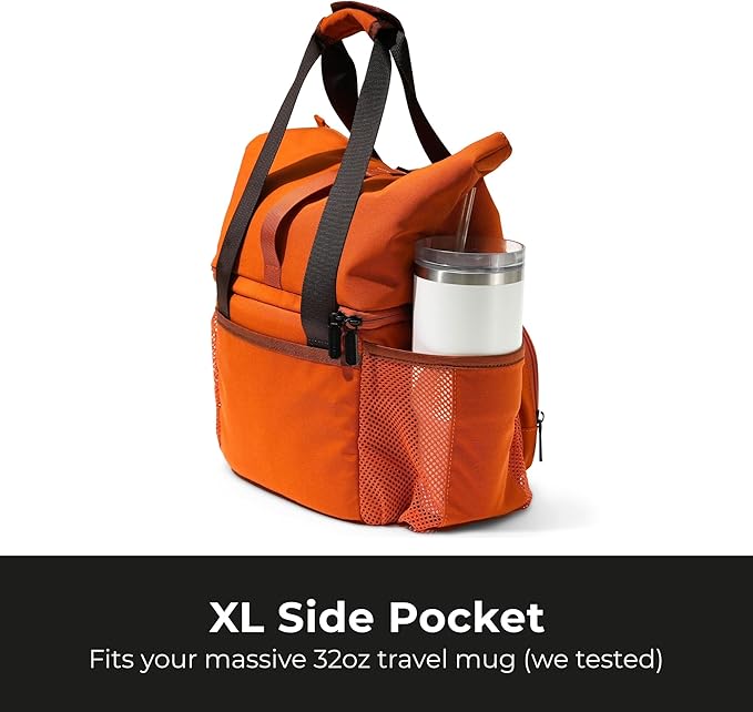 Dual Compartment Insulated Lunch bag, with 2 Leakproof Compartments & Roll-top, 13L lunchbox for work (Brown Orange)