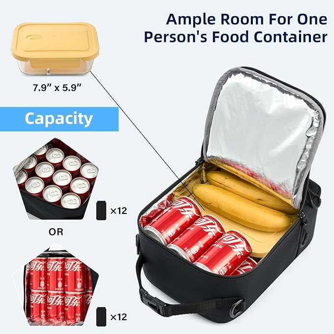 Insulated Lunch Bag with Adjustable Shoulder Strap, Lunch Box for Women Men, Reusable Portable Lunchbox for Office Work Picnic (Black)