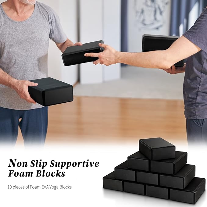 Yilloog 10 Pcs Foam Eva Yoga Blocks Non Slip Lightweight Bricks Yoga Bulk Supportive Blocks Prop Accessories for Pilates Stretching and Meditation Women Men Yogi Beginners, Black