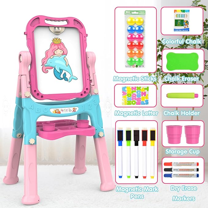 Amagoing Easel for Kids, Adjustable Standing Art Easel for Toddler, Double Chalk Drawing Board with Painting Accessories, Birthday Christmas Gift for Girls 3 4 5 Years Old