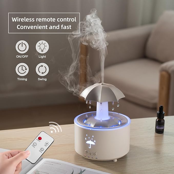 Rain Umbrella Humidifier,Essential Oil Aroma Diffuser with Soothing Rain Sounds,Water Drip Effect,7 Colors Mood Lights,Remote Control, Timer and Auto-Off, Raindrops Relaxing Sound for Deep Sleep