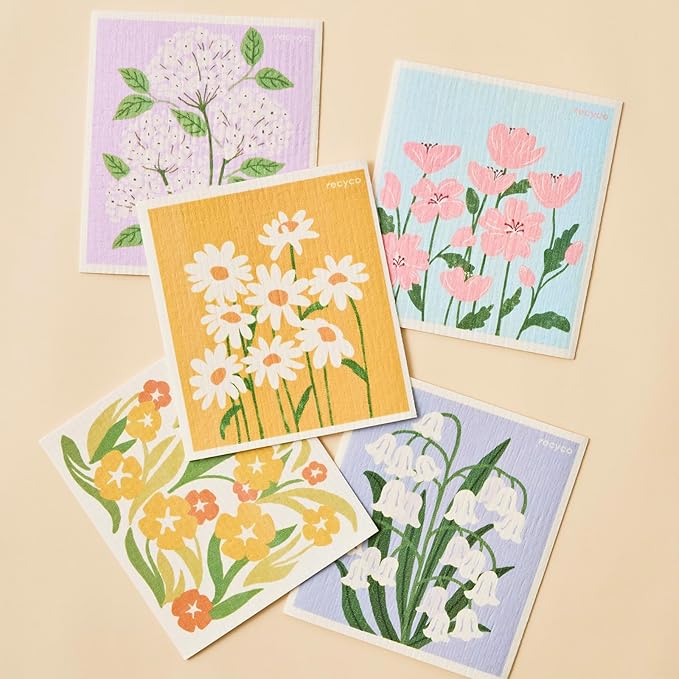 RECYCO Swedish Dishcloths for Kitchen | 5 Pack Matisse Floral Washable Dish Rags | Cellulose Reusable Cleaning Paper Towels | Absorbent Counter Dish Cloth Sponge Kitchen Wipes, 8" L x 7" W