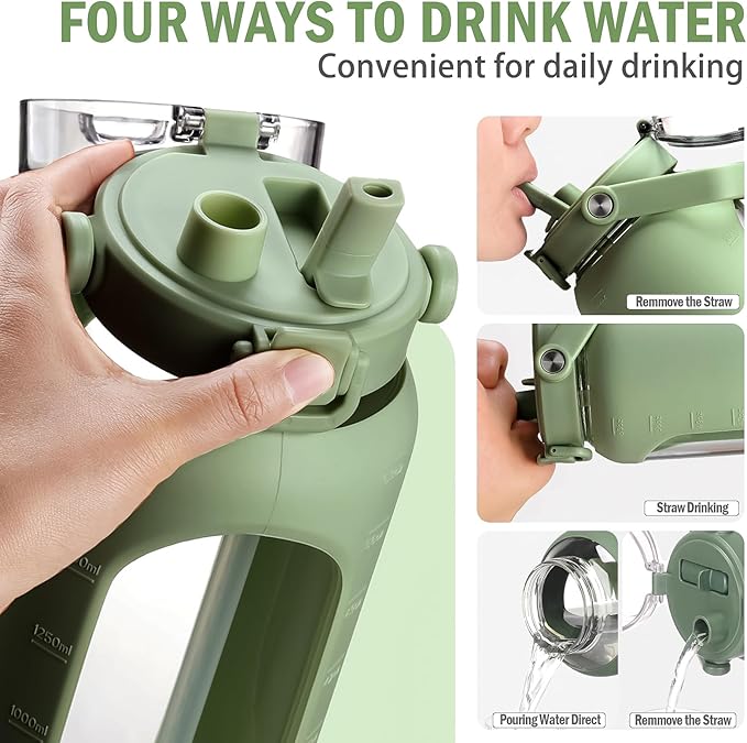 BLUEGO 64oz Glass Water Bottles with Straw Time Marker Half Gallon Large Motivational Water Bottle with Silicone Sleeve 2 Liter Large Glass Water Jug for Gym, Sports& Workout, Daily, 02 Olive