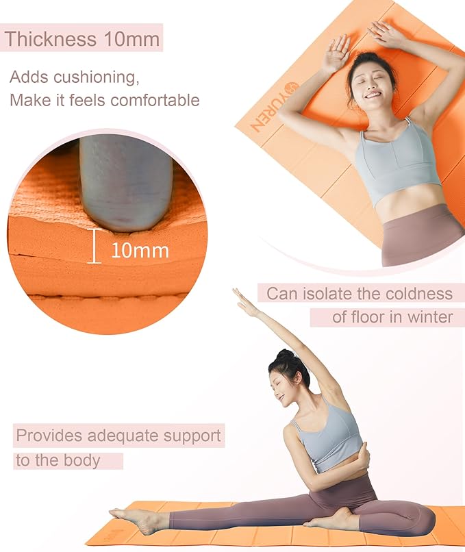 Foldable Yoga Mat 10mm Thick Wide Exercise Mat Non Slip Workout Mat for Home Gym, Travel, with Yoga Carrying Bag
