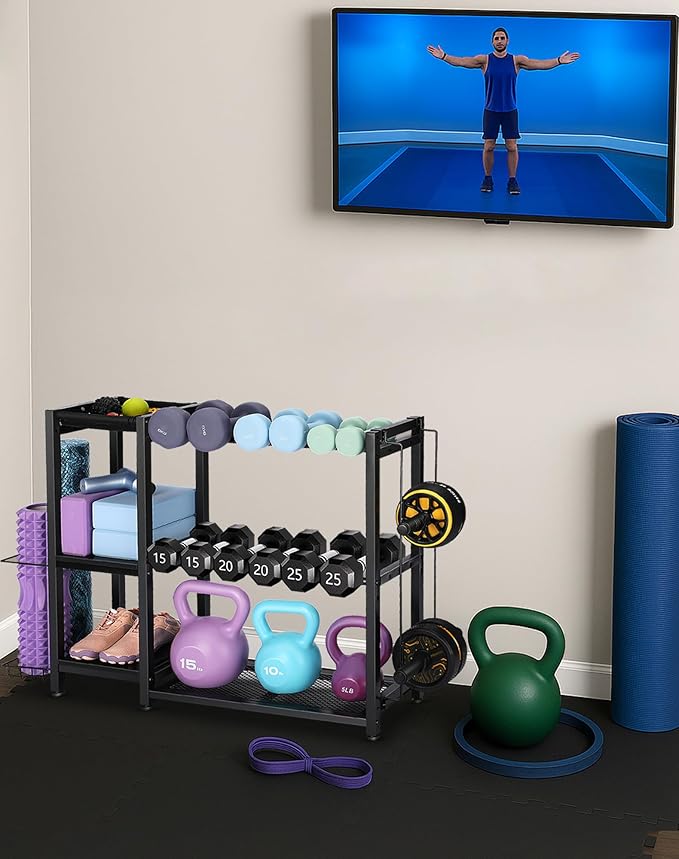 3-Tier Dumbbell Rack Stand Only - Adjustable Weight Rack for Home Gym, Heavy-Duty Weight Stand for Dumbbells Kettlebells Foam Roller Yoga Mats, Workout Equipment Storage Organizer With Hooks