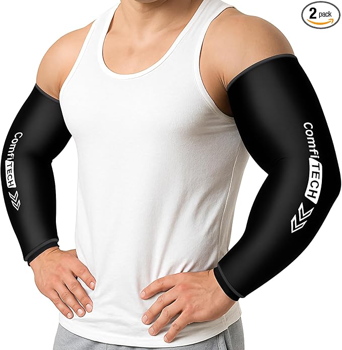 ComfiTECH 2 Pack Full Arm Cold Wrap with Flexible Gel, Reusable Cooling Ice Pack for Elbow, Forearm, and Upper Arm, Large, Black