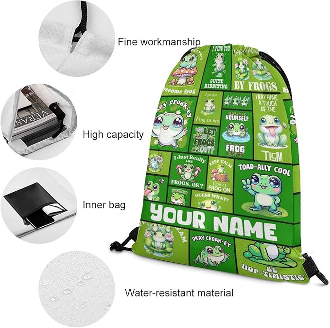 Custom Frog Drawstring Backpack - Cute Cinch Sack, String Backpacks for Kids Women Men Boys Girls for Gym Outdoor Sports Travel Athletic Drawstring Bag - Lightweight/Foldable