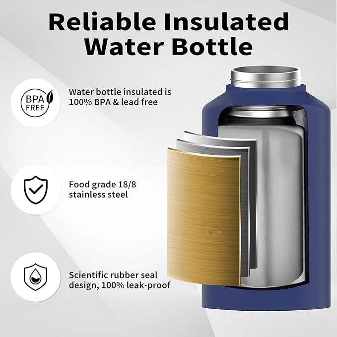 2/3 Gallon Water Bottle Insulated(Cold for 48 Hrs),BPA Free&Leak Proof,87oz Stainless Steel Water Jug/Flask,Big thermo,Large Water Bottle with Handle for Gym,Hiking,Camping,Deep Blue