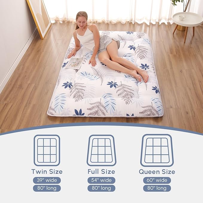 Japanese Floor Mattress, Futon Mattress with Portable Storage Bag and Washable Cover, Roll Up Thick Tatami Mat Suitable for Camping, Guest Room, White Leaf, Queen