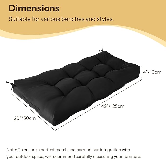 Waterproof Outdoor Bench Cushion 49"X20"X4" Comfortable Outdoor Chair Cushions Tufted Garden Bench Pad UV Resistant and Fade Resistant (1, Black)