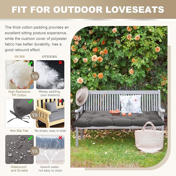 Outdoor Bench Cushion 40inches Waterproof & Fade Resistant Patio Furniture Cushions Tufted Fresh Porch Swing Lounger Loveseat Pads with Straps(Dark grey-40x20in)