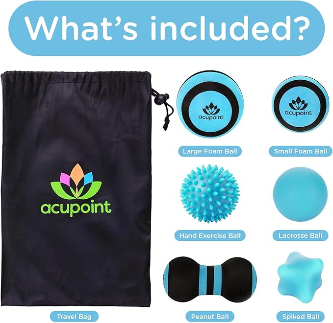 Massage Ball Therapy Set for Muscle Knots and Post-Workout - Physical Therapy Balls, Trigger Point & Yoga Therapy, Massage Ball for Feet - 6-Piece Set (Blue)