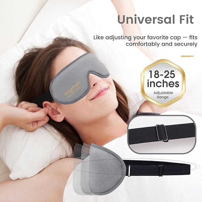 ringchan Complete Blackout 3D Sleep Mask – Contoured & Zero-Pressure Eye Cover for Sleep, Travel & Office Nap – Soft, Hair-Friendly Adjustable Strap – Slate Gray