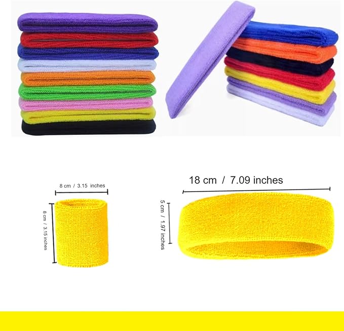 24 Pcs Neon Sweatbands Set Include 8 Pcs Sports Headband and 16 Pcs Cotton Wristbands 80s Neon Sweat Bands Bulk for Gym, Tennis, Basketball, Running, Exercise